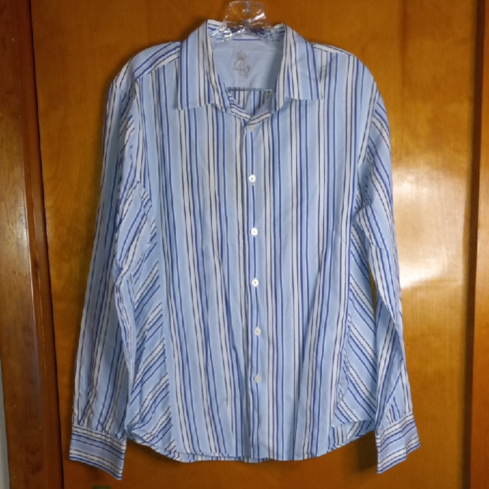River Island Blue, Black and White Striped Button Down Men's Shirt Sz. L